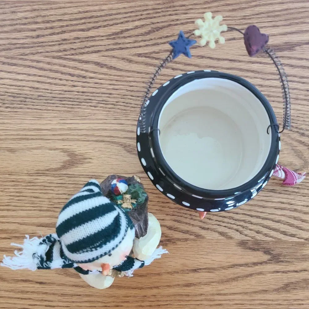 Vintage Wood-Look Snowman Figurine & Ceramic Snowman Bucket Pail Snowman Lot